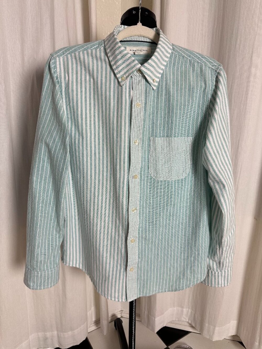Aeropostale Men’s Small Striped Oxford Button Down Shirt Mint Green 100% Cotton